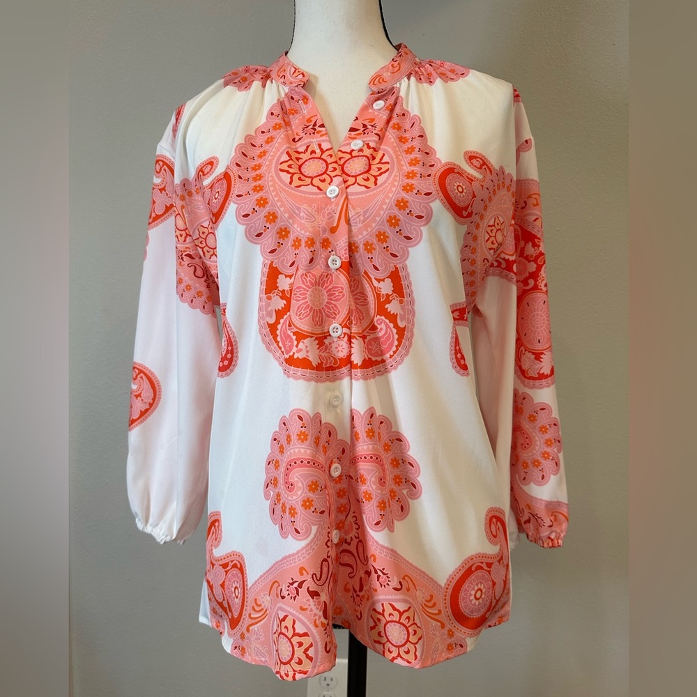 Paisley print blouse pink and coral tones